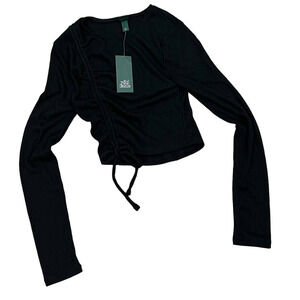 Wild Fable Women's Black Long Sleeve Ruched Cropped Shirt - Size Large - NWT